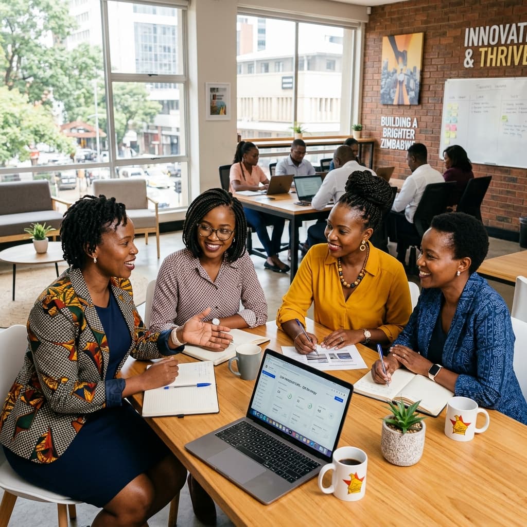 Zimbabwean women entrepreneurs collaborating at a workspace